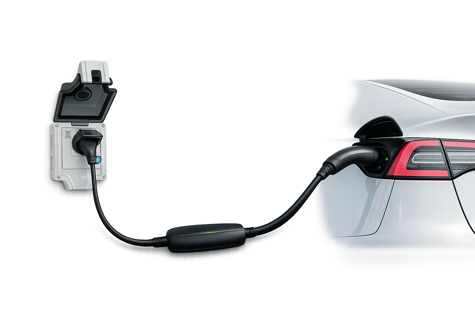 Portable EV wall charger plugged into a Destination Charge outlet and connected to an electric vehicle